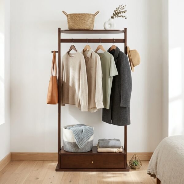 GESSO-RACK-1.jpg Wooden Garment Rack With 1 Drawer-Walnut
