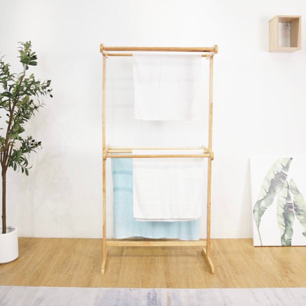Solid Wood 2 Tier High Towel Rack-Natural